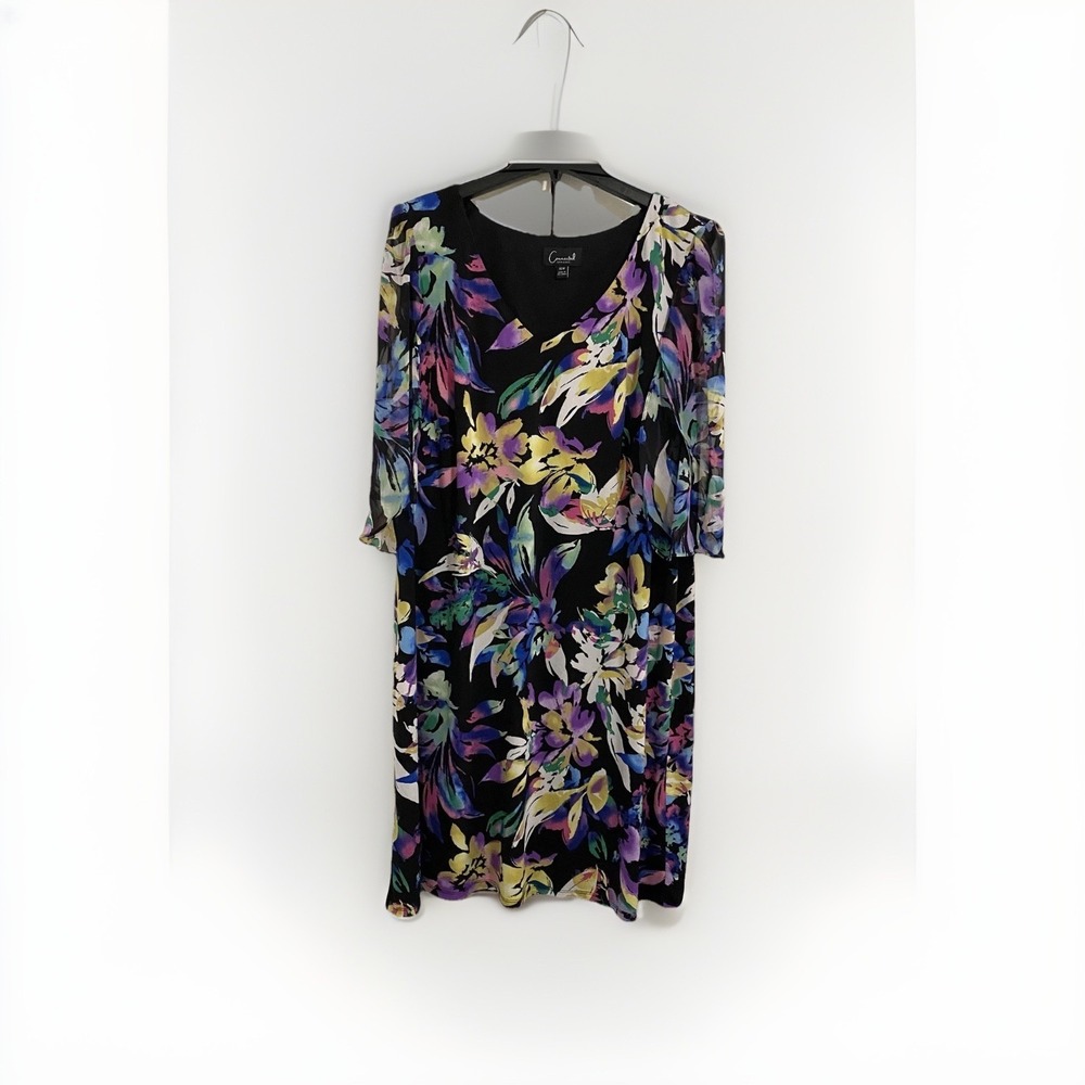 Connected Apparel 16W Black Floral Chiffon V-Neck‎ Flutter Sleeve Dress